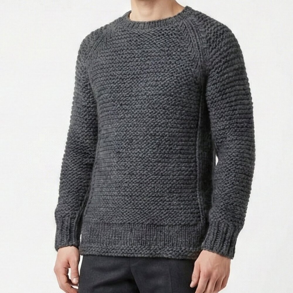 Wings + Horns 100% Wool Hand Knit Chunky Sweater Grey Medium Made in Canada